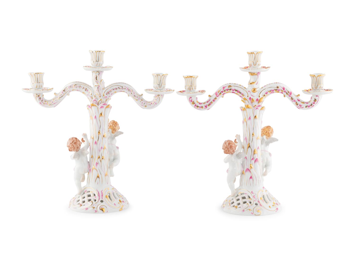 A Pair of Herend Porcelain Three-Light Candelabra
