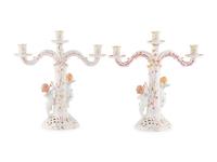 A Pair of Herend Porcelain Three-Light Candelabra