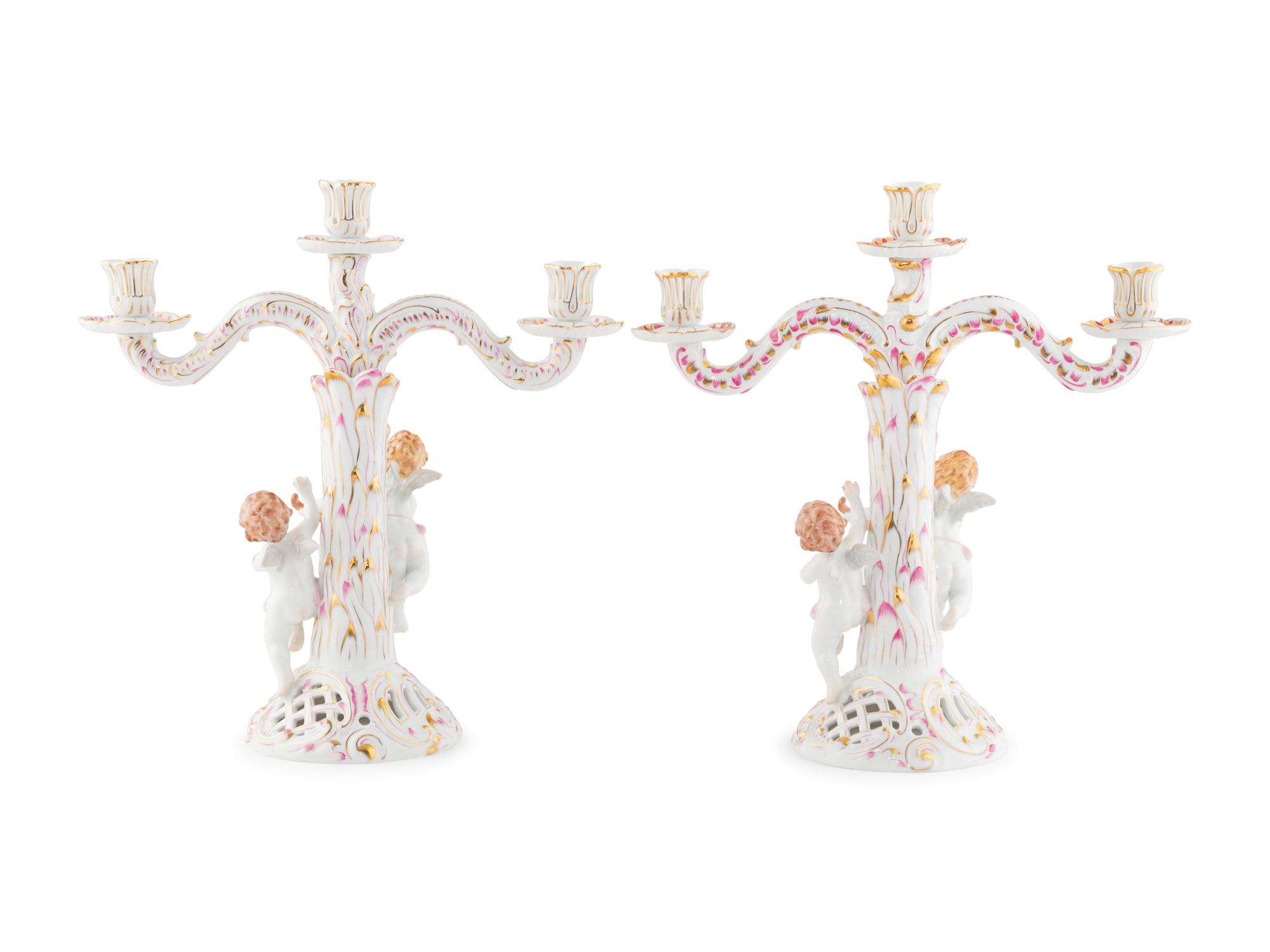 A Pair of Herend Porcelain Three-Light Candelabra