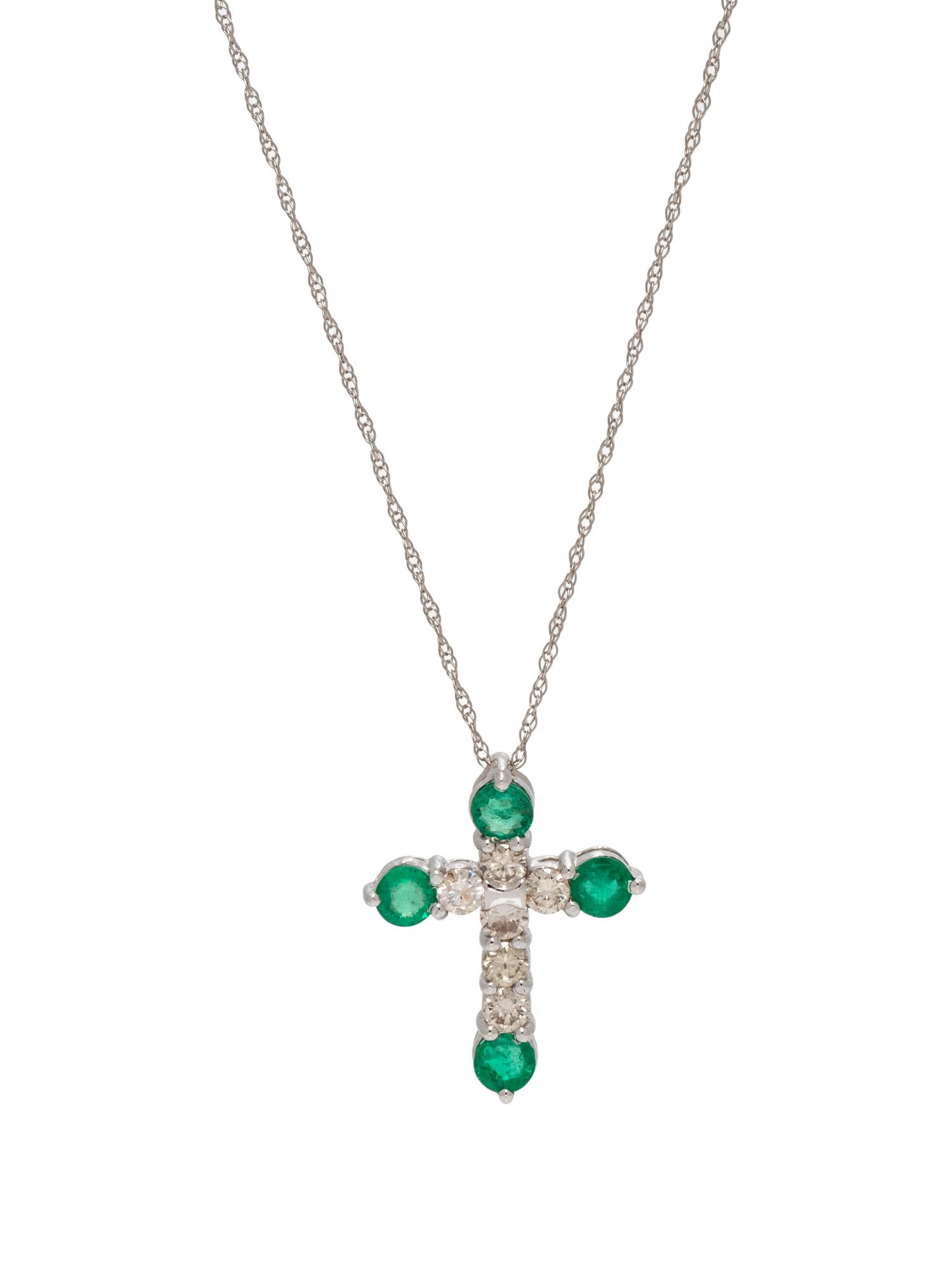 EMERALD AND DIAMOND CROSS PENDANT/NECKLACE