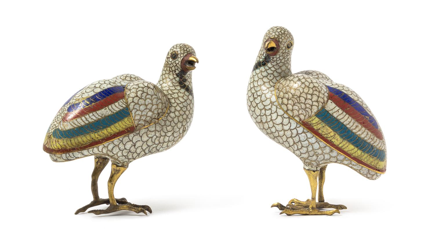 A Pair of Chinese Gilt Copper and Cloisonne Birds 18TH/19TH CENTURY Height 5 5/8 inches. — 18TH/19TH CENTURY