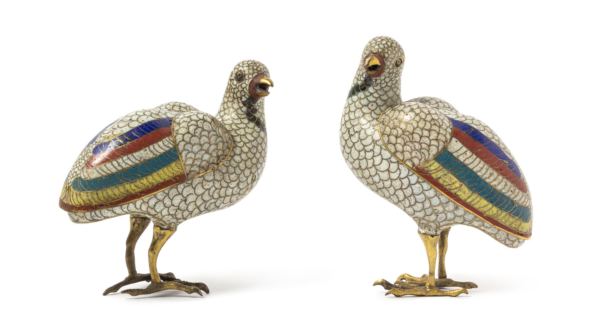 A Pair of Chinese Gilt Copper and Cloisonne Birds 18TH/19TH CENTURY Height 5 5/8 inches. — 18TH/19TH CENTURY