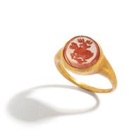 An Eastern Roman Gold and Carnelian Finger Ring with a Stag