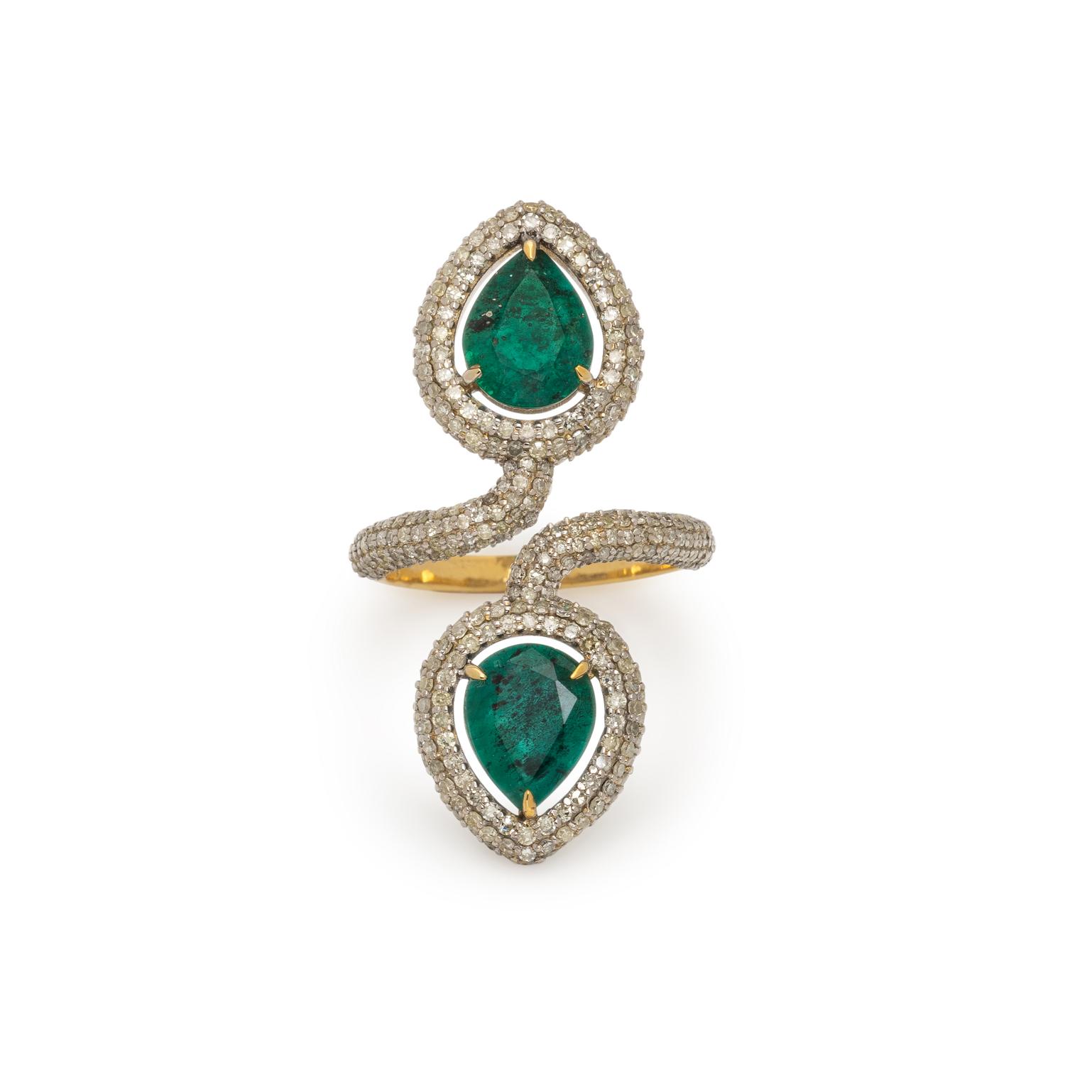 EMERALD AND DIAMOND BY-PASS RING