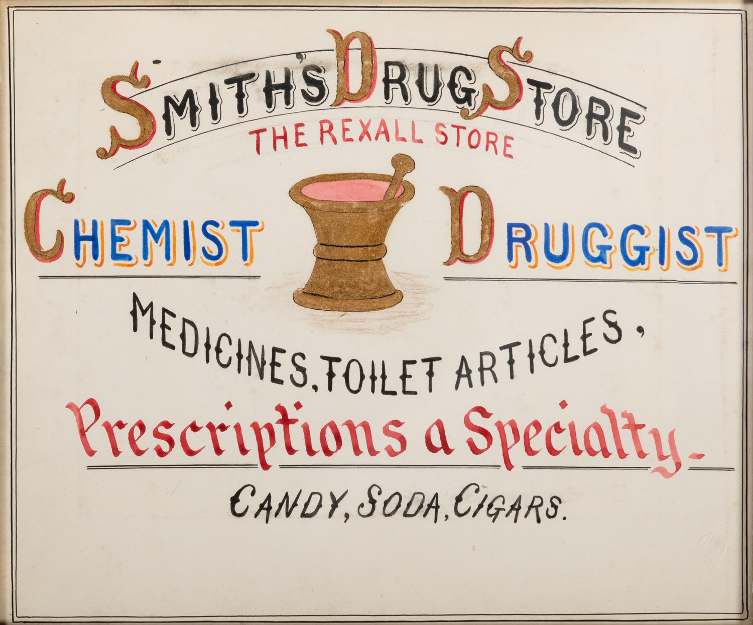 Five Framed Specialty Shop Advertising Hand Colored Prints and Watercolors
