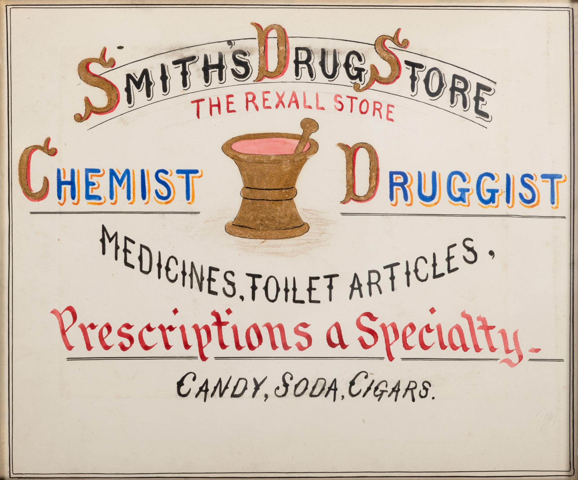 Five Framed Specialty Shop Advertising Hand Colored Prints and Watercolors