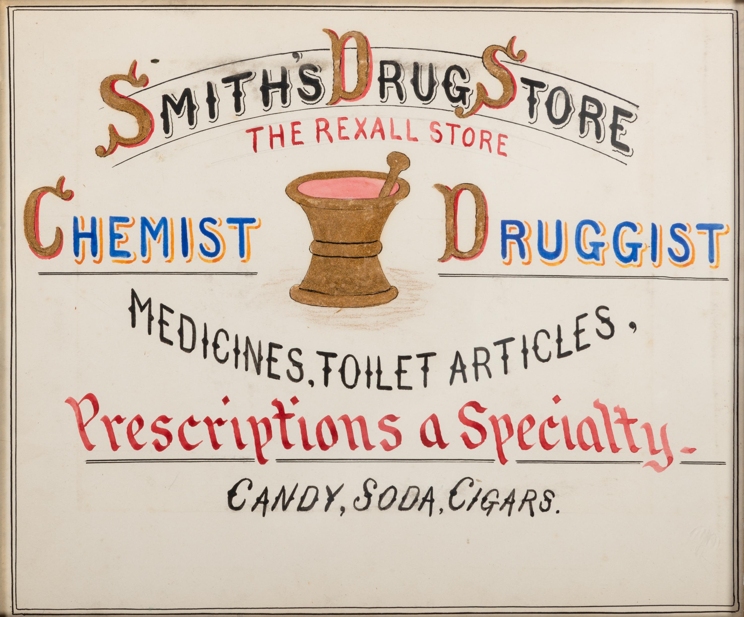 Five Framed Specialty Shop Advertising Hand Colored Prints and Watercolors