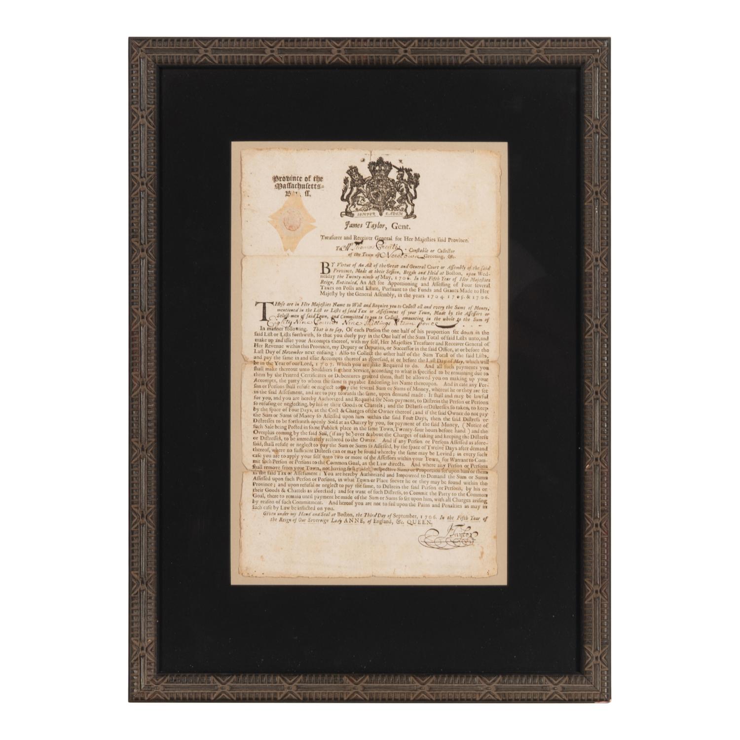 [Taxation - Massachusetts Bay]. Partly printed broadside signed ("J. Taylor") to Thomas Prentice, [Boston: Bartholomew Green and John Allen], 3 September 1706.