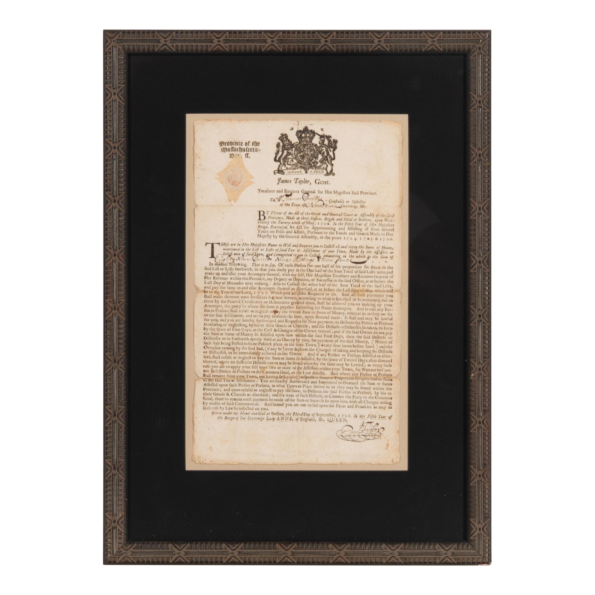 [Taxation - Massachusetts Bay]. Partly printed broadside signed ("J. Taylor") to Thomas Prentice, [Boston: Bartholomew Green and John Allen], 3 September 1706.
