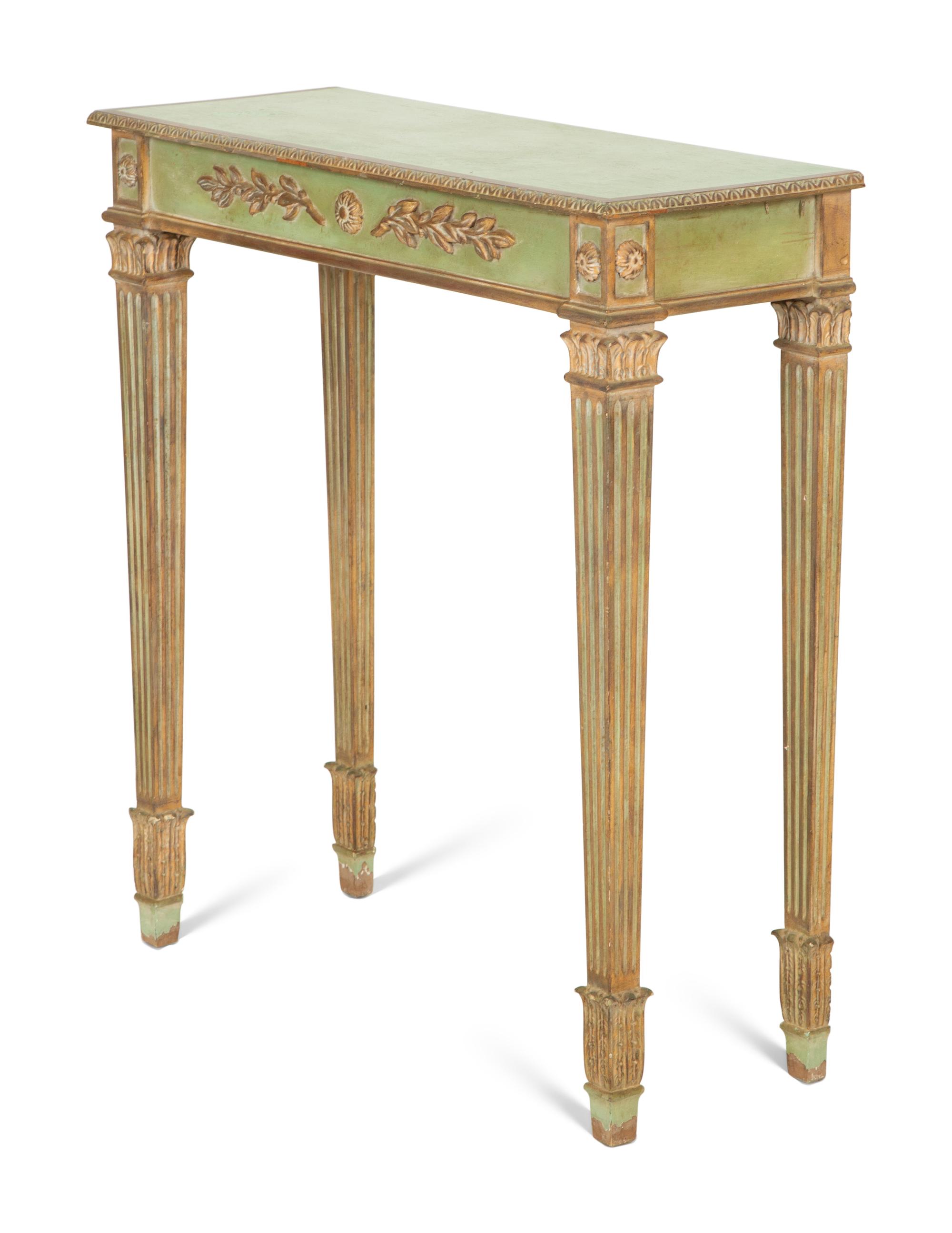 An Italian Louis XVI Style Green-Painted and Parcel Gilt Console Table