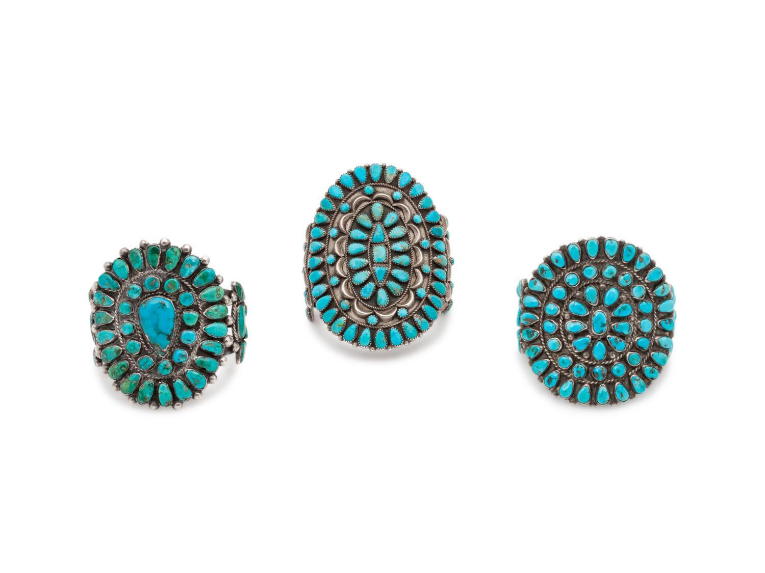 Navajo and Zuni Silver and Turquoise Cluster Cuff Bracelets