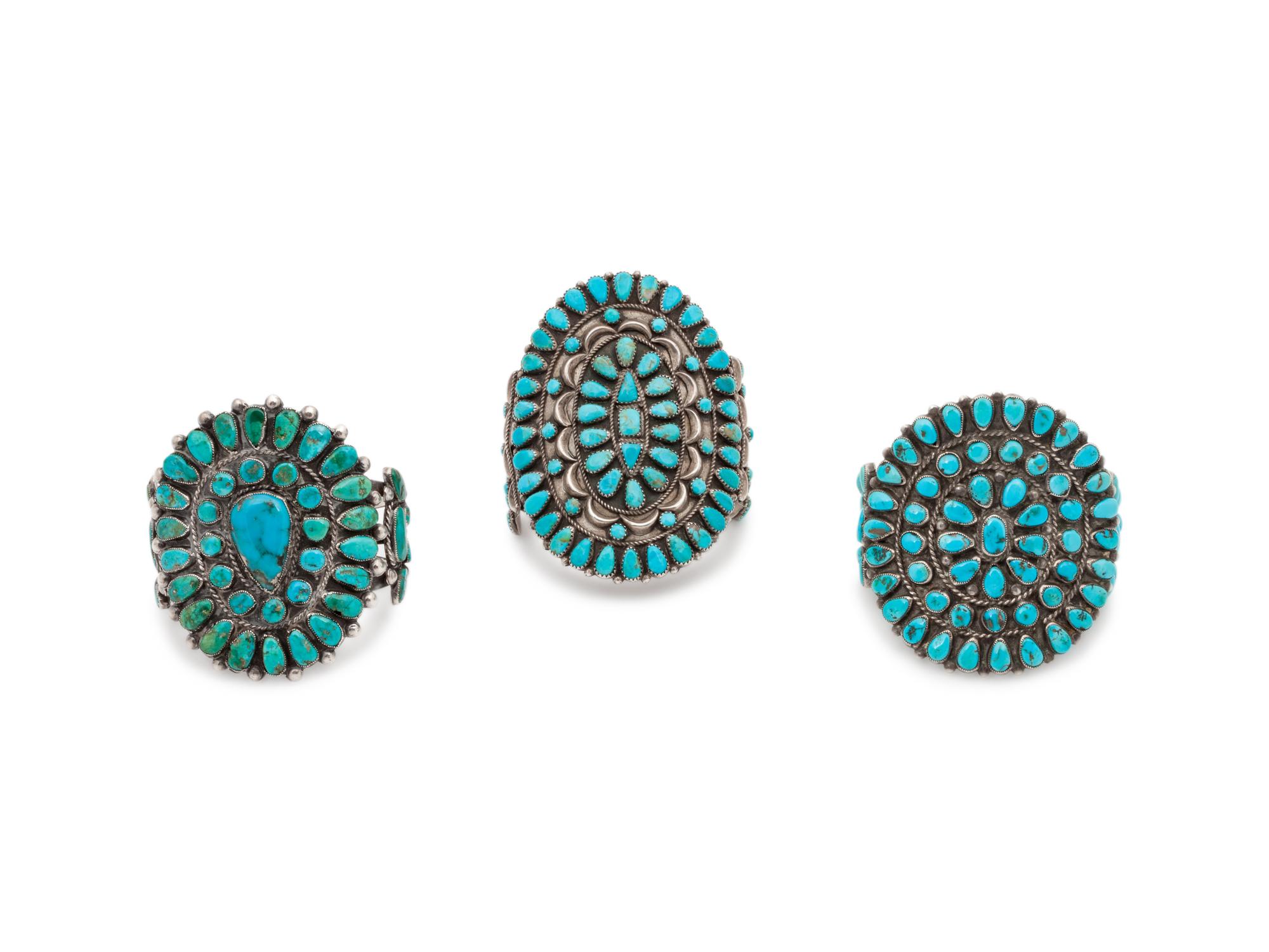 Navajo and Zuni Silver and Turquoise Cluster Cuff Bracelets