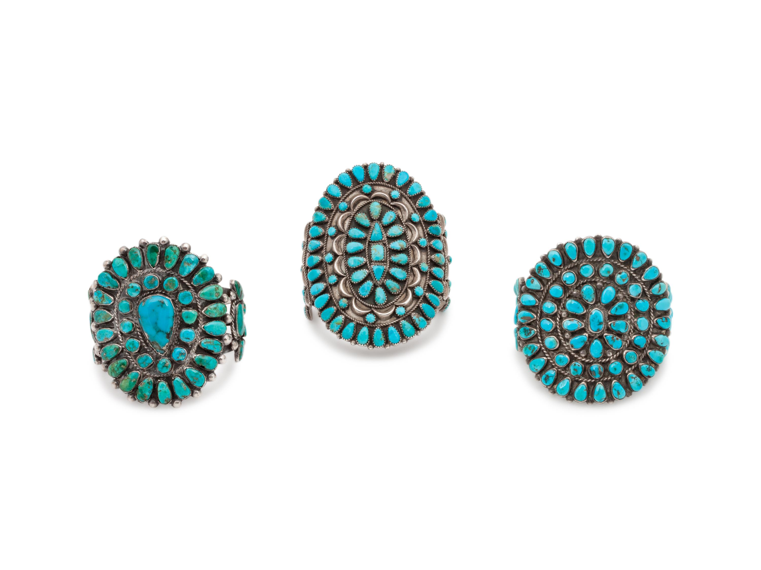 Navajo and Zuni Silver and Turquoise Cluster Cuff Bracelets