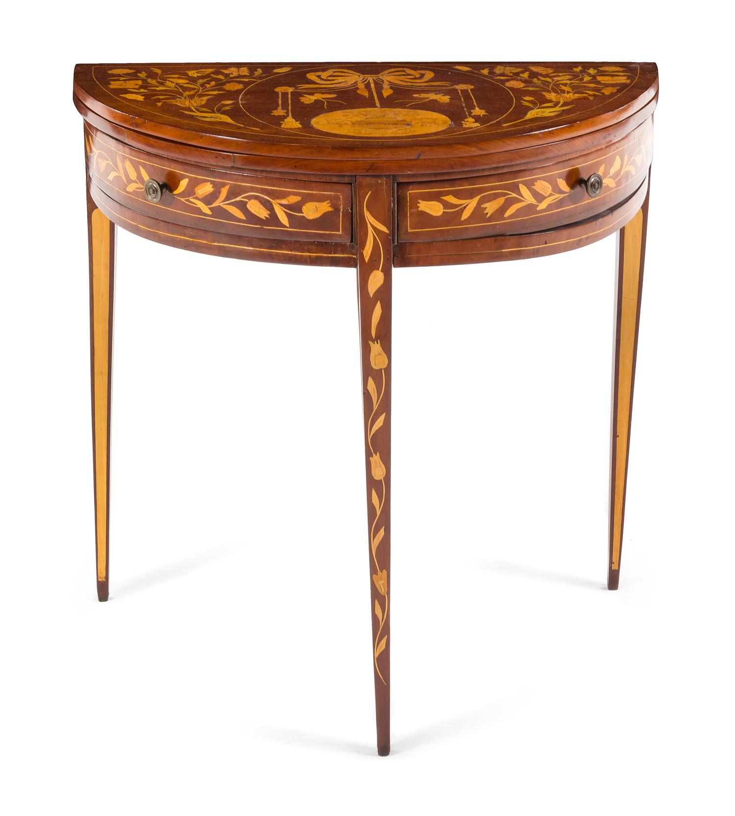 A George III Marquetry Flip-Top Table Height 29 1/2 x width 30 1/8 x depth 14 3/4 inches. — LATE 18TH/EARLY 19TH CENTURY