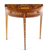 A George III Marquetry Flip-Top Table Height 29 1/2 x width 30 1/8 x depth 14 3/4 inches. — LATE 18TH/EARLY 19TH CENTURY