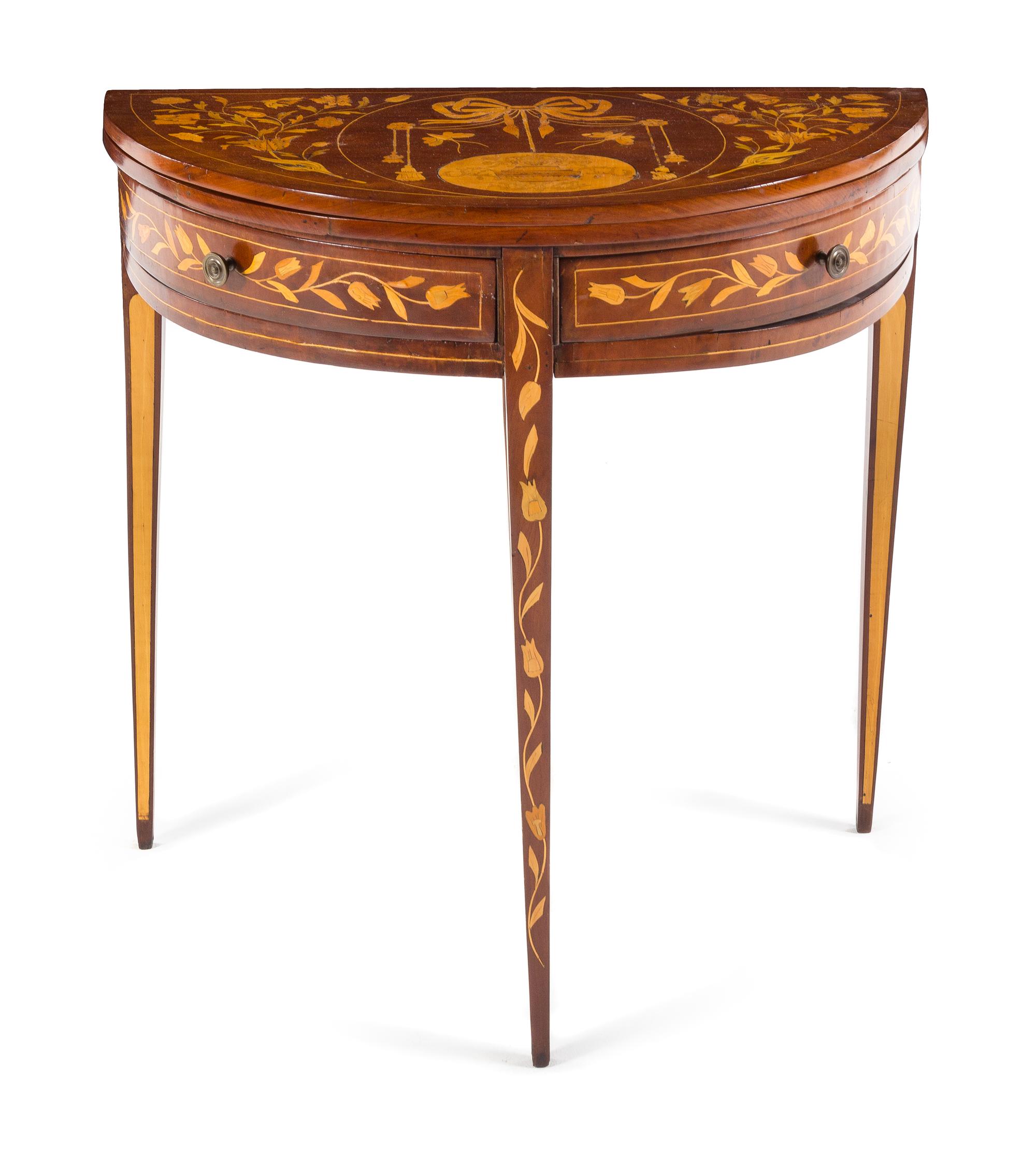 A George III Marquetry Flip-Top Table Height 29 1/2 x width 30 1/8 x depth 14 3/4 inches. — LATE 18TH/EARLY 19TH CENTURY