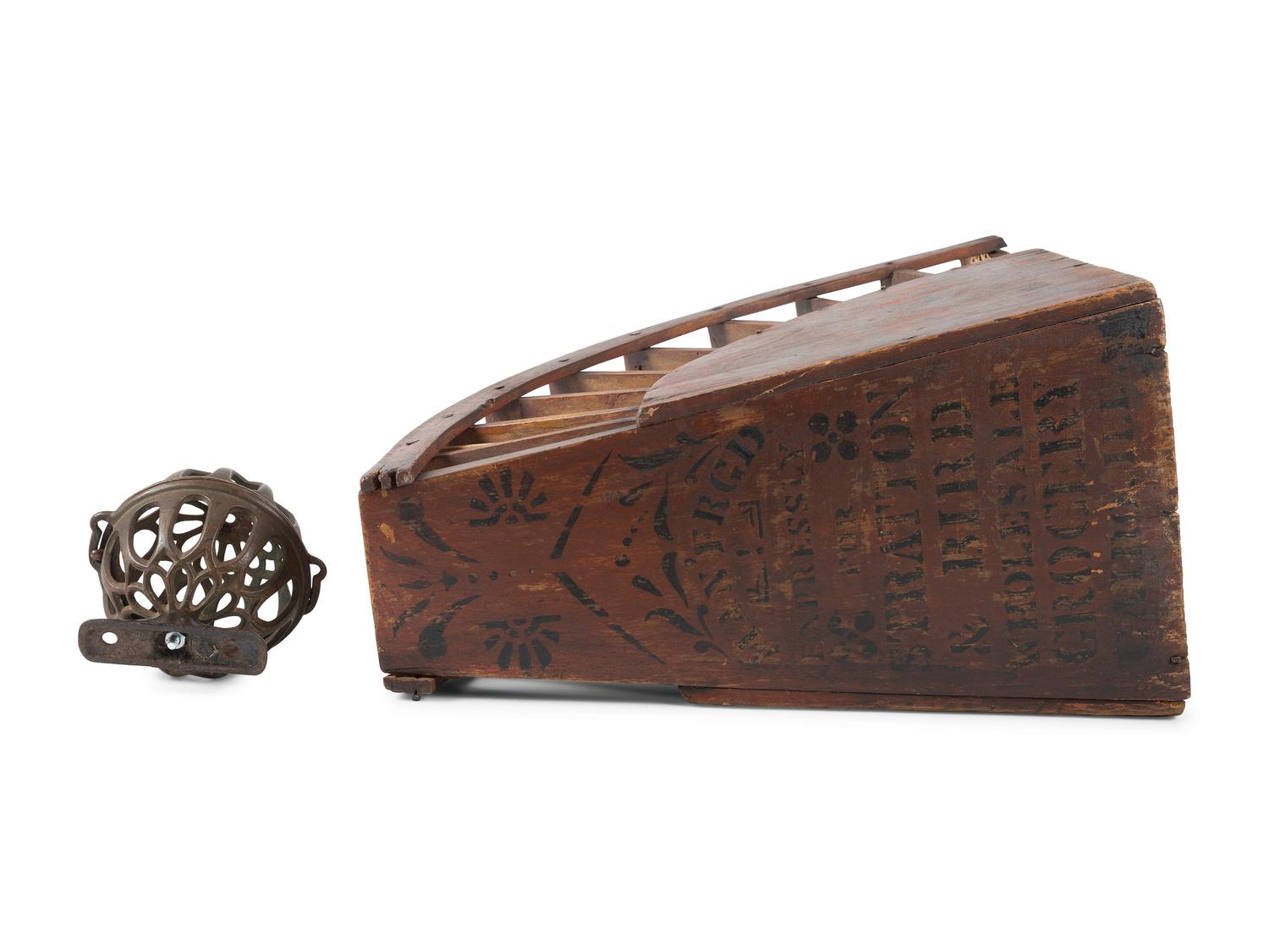 A Stenciled Wood Stratton & Bird Countertop Bag Rack