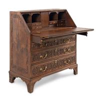 An Anglo-Indian Style Carved Oak and Marquetry Fall-Front Bureau