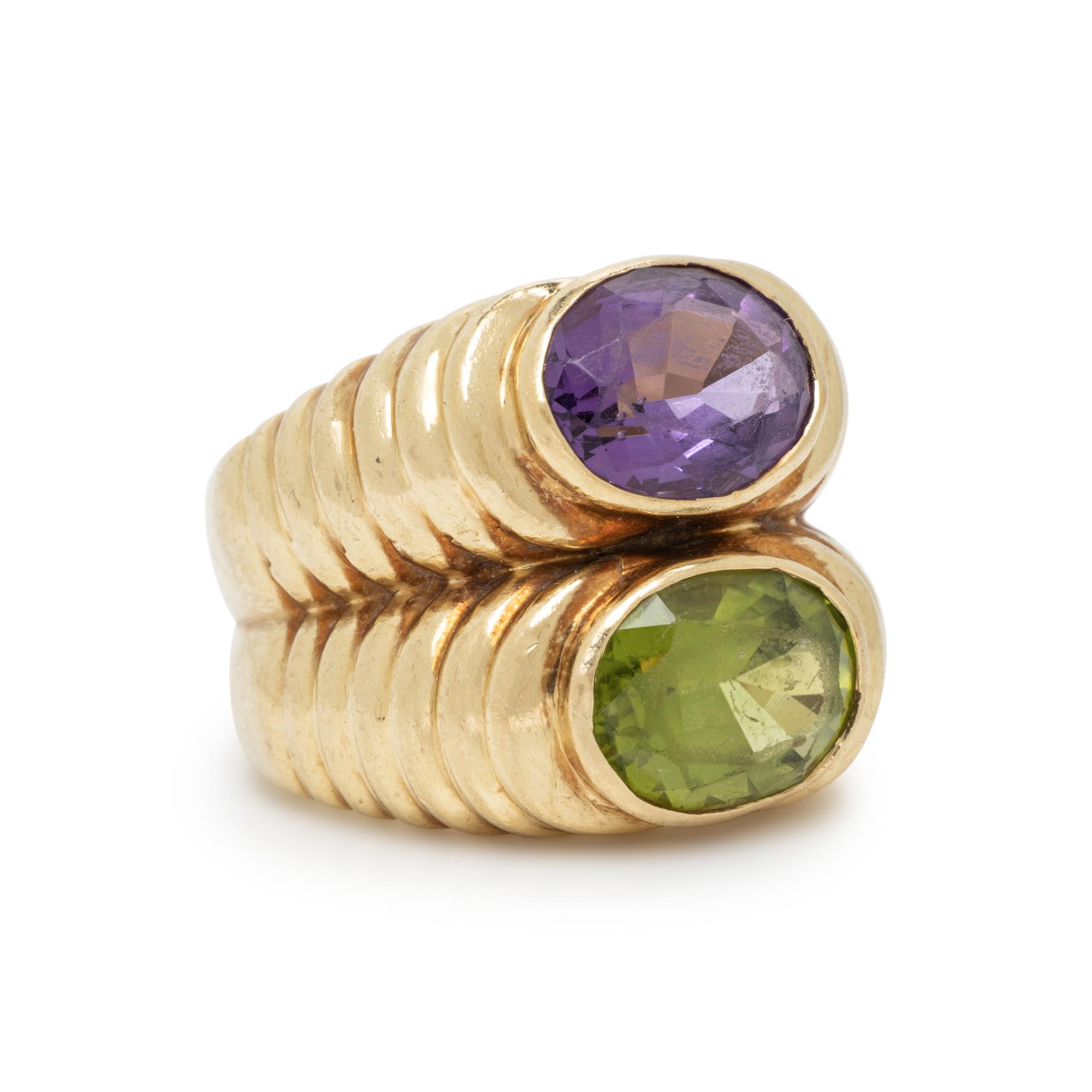 AMETHYST, PERIDOT, AND YELLOW GOLD RING