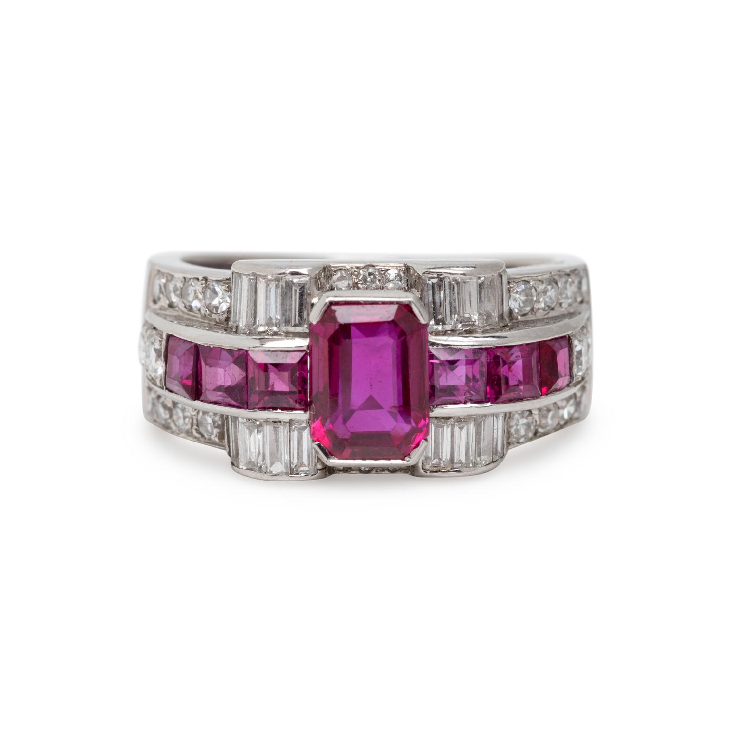 LATE ART DECO BURMESE RUBY, DIAMOND AND RUBY RING