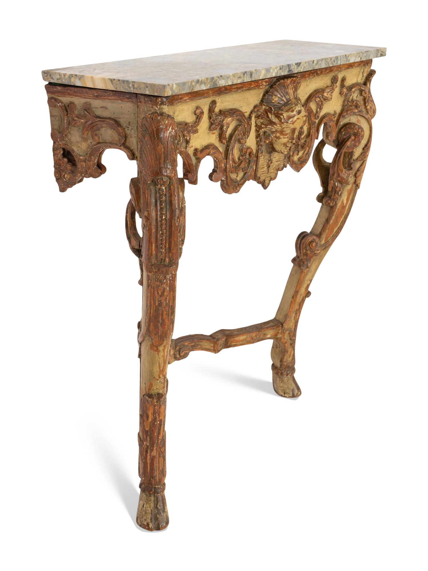 A Régence Painted and Parcel Gilt Marble-Top Console Table