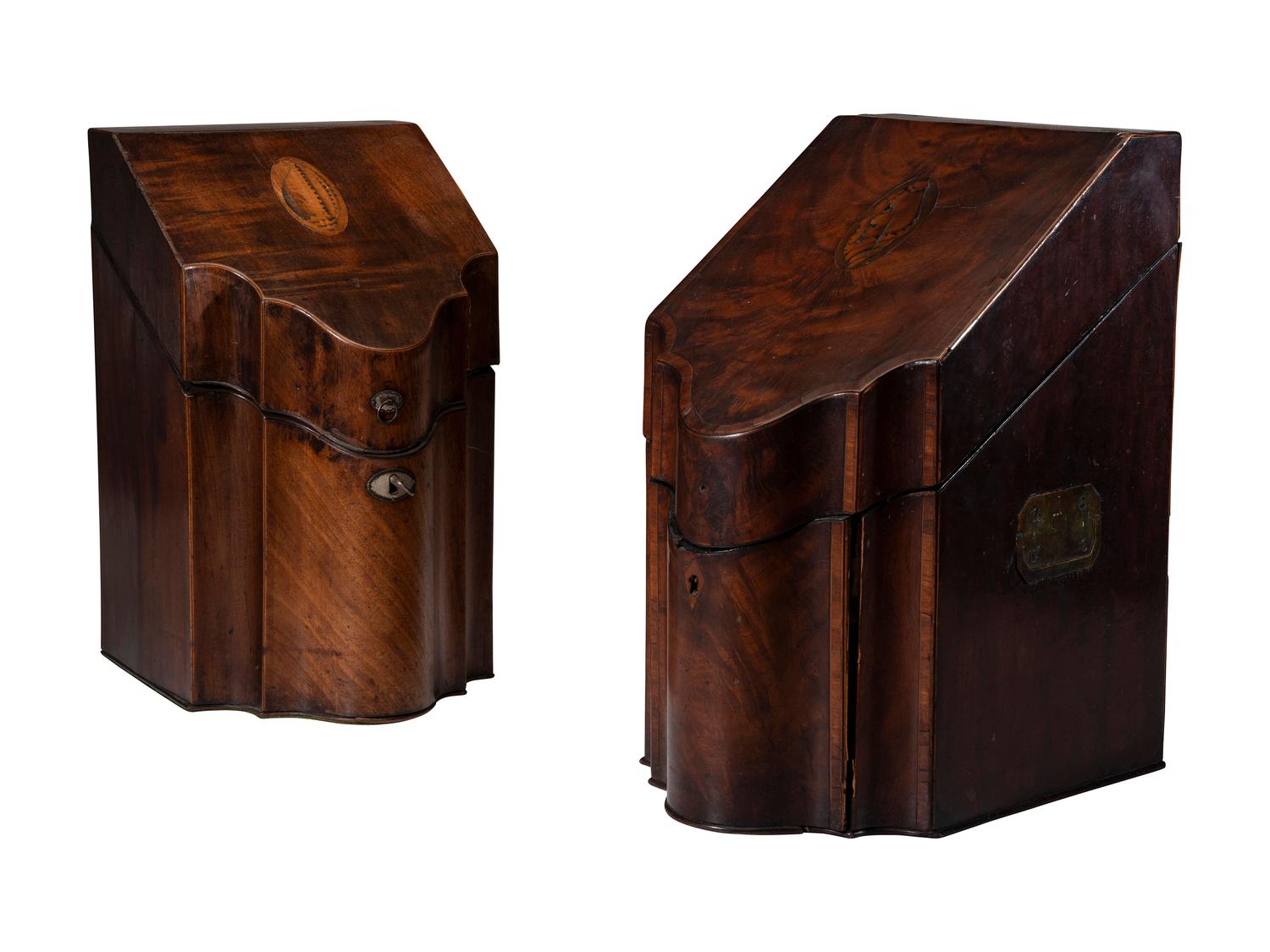 Two Georgian Mahogany Knife Boxes with Shell Inlay