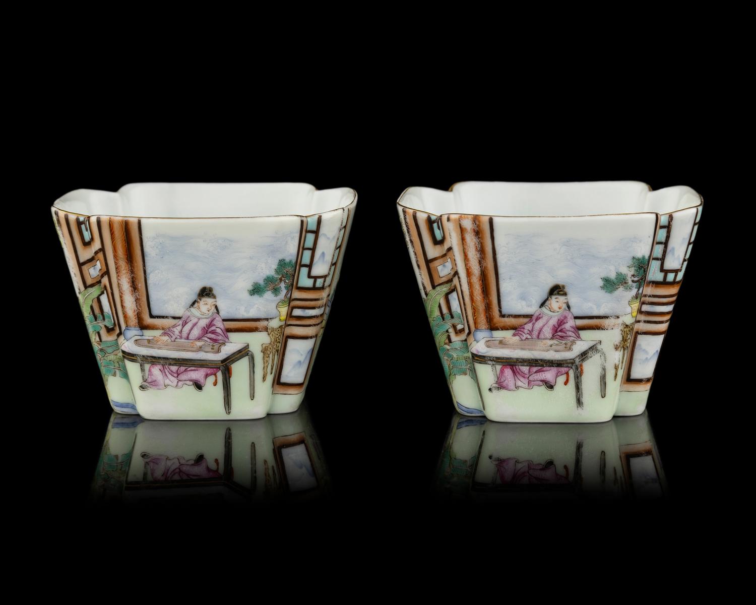 A Pair of Chinese Famille Rose 'Romance of the Western Chamber' Porcelain Wine Cups