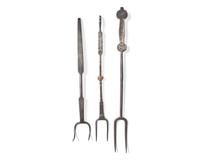 A Group of Three Rare Brass and Copper Inlaid Wrought Iron Roasting Forks, Probably Pennsylvania, Late 18th / 19th Century