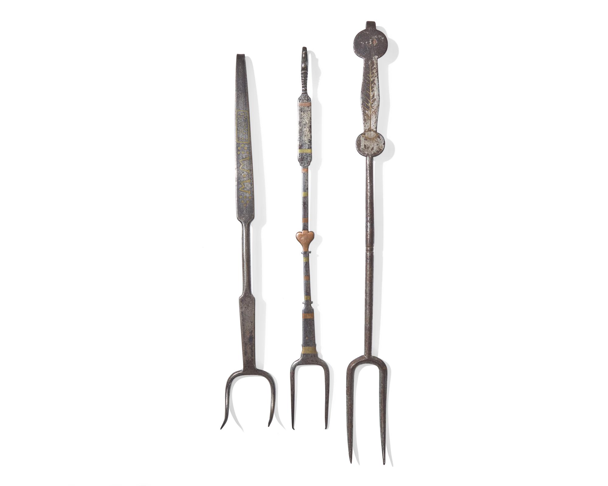 A Group of Three Rare Brass and Copper Inlaid Wrought Iron Roasting Forks, Probably Pennsylvania, Late 18th / 19th Century