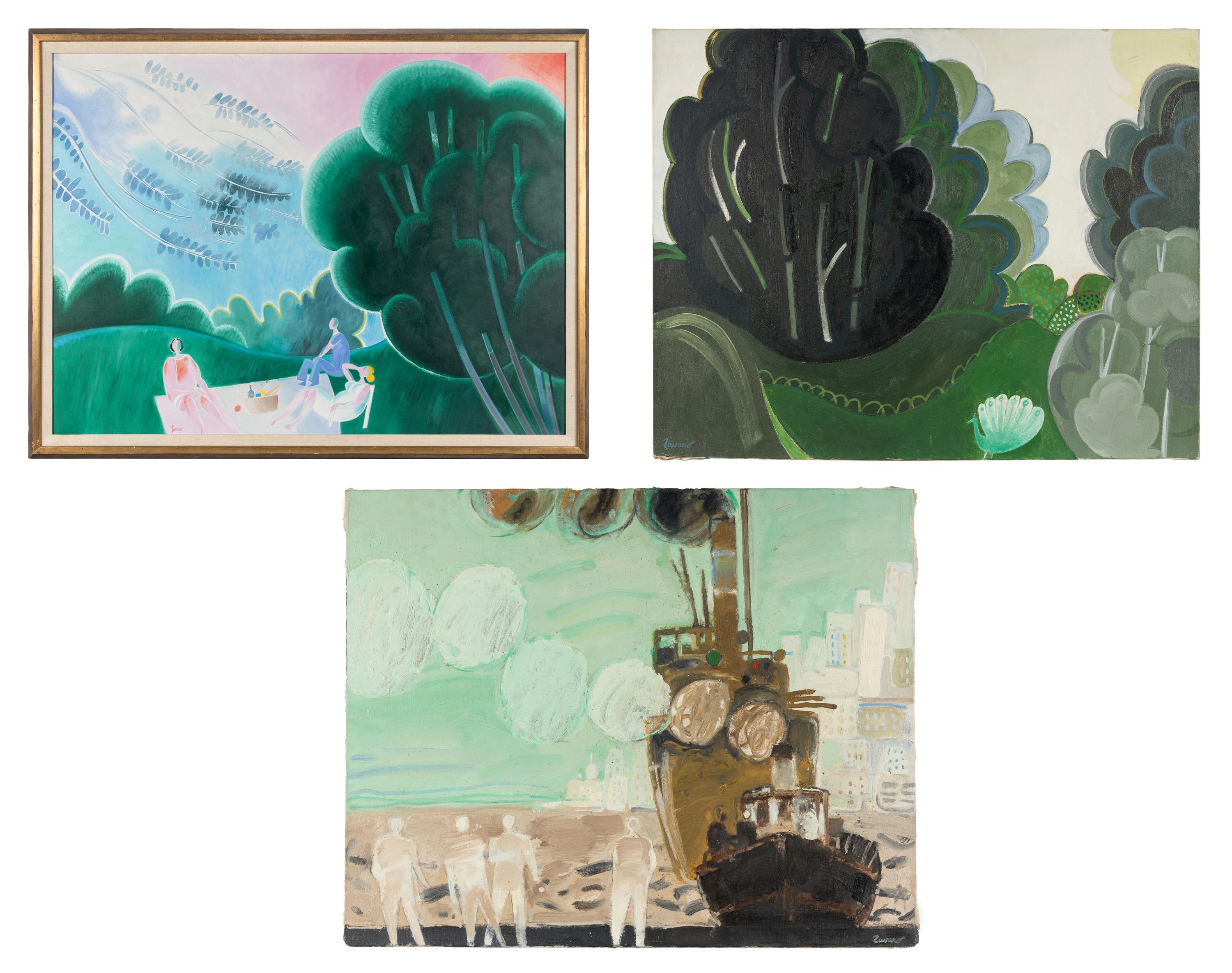 A group of three paintings ( Le pique-nique , Le paon , and Devant le port )