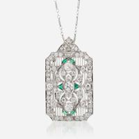 A diamond, glass, and platinum pendant/brooch