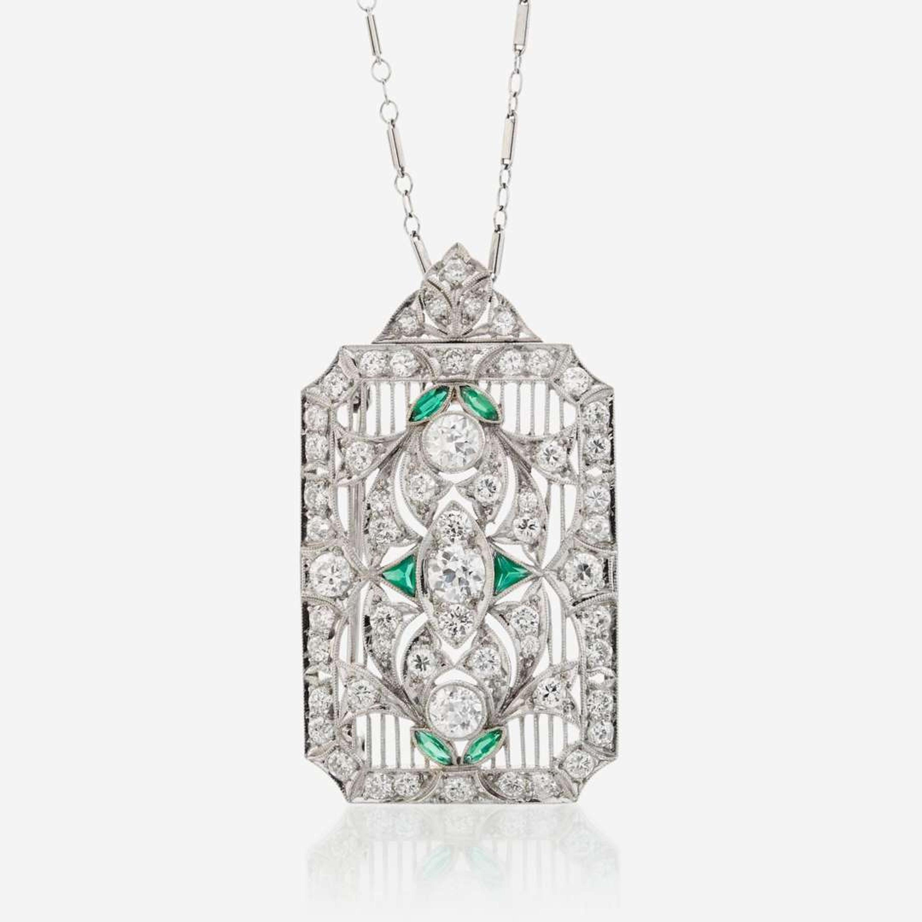 A diamond, glass, and platinum pendant/brooch