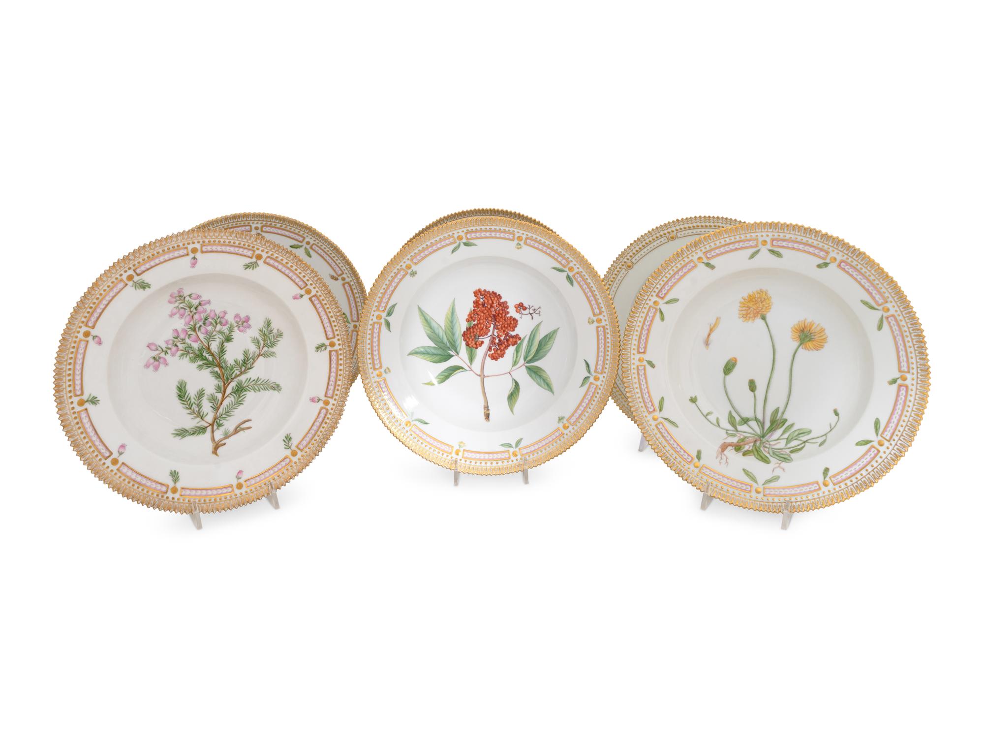 An Assembled Set of Six Royal Copenhagen Flora Danica Large-Rim Soup Bowls