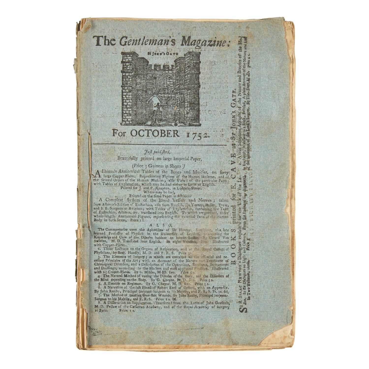[Franklin, Benjamin] Urban, Sylvanus. The Gentleman's Magazine For October 1752, in the Rare Original Wrappers with Articles on Benjamin Franklin's Electrical Experiments