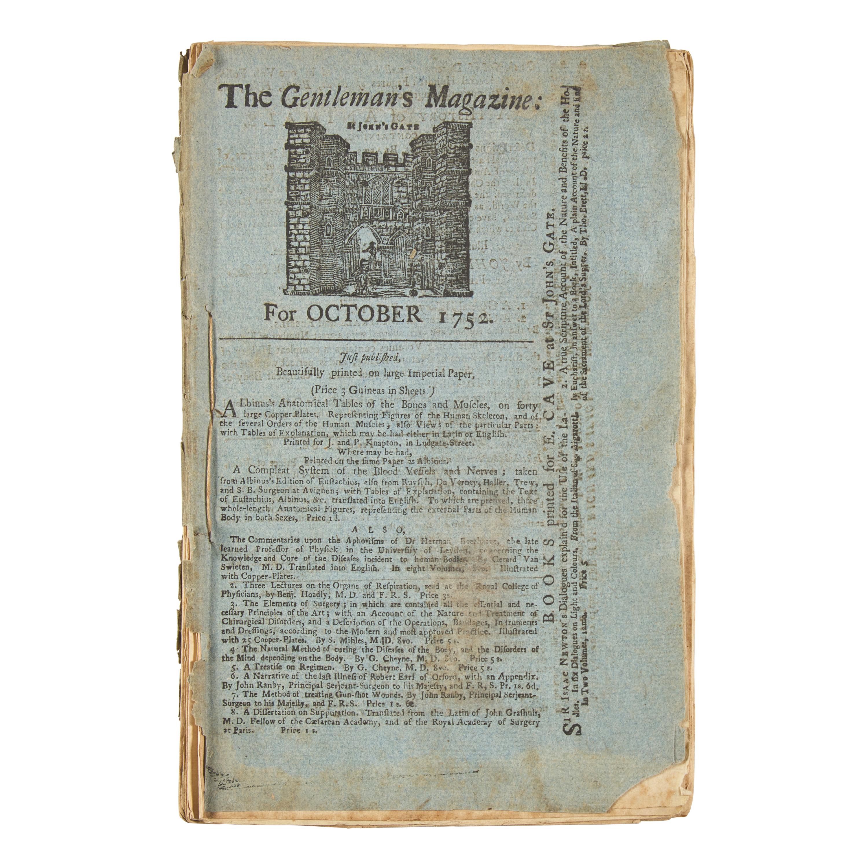 [Franklin, Benjamin] Urban, Sylvanus. The Gentleman's Magazine For October 1752, in the Rare Original Wrappers with Articles on Benjamin Franklin's Electrical Experiments