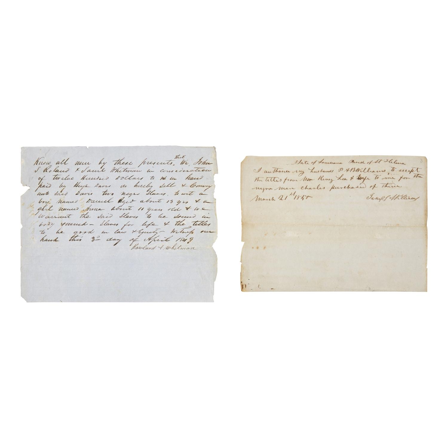 [African Americana] [Enslavement] Two Documents Relating to the Sale of Slaves