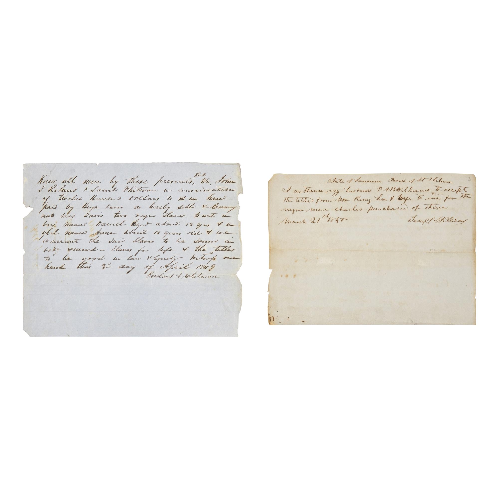 [African Americana] [Enslavement] Two Documents Relating to the Sale of Slaves