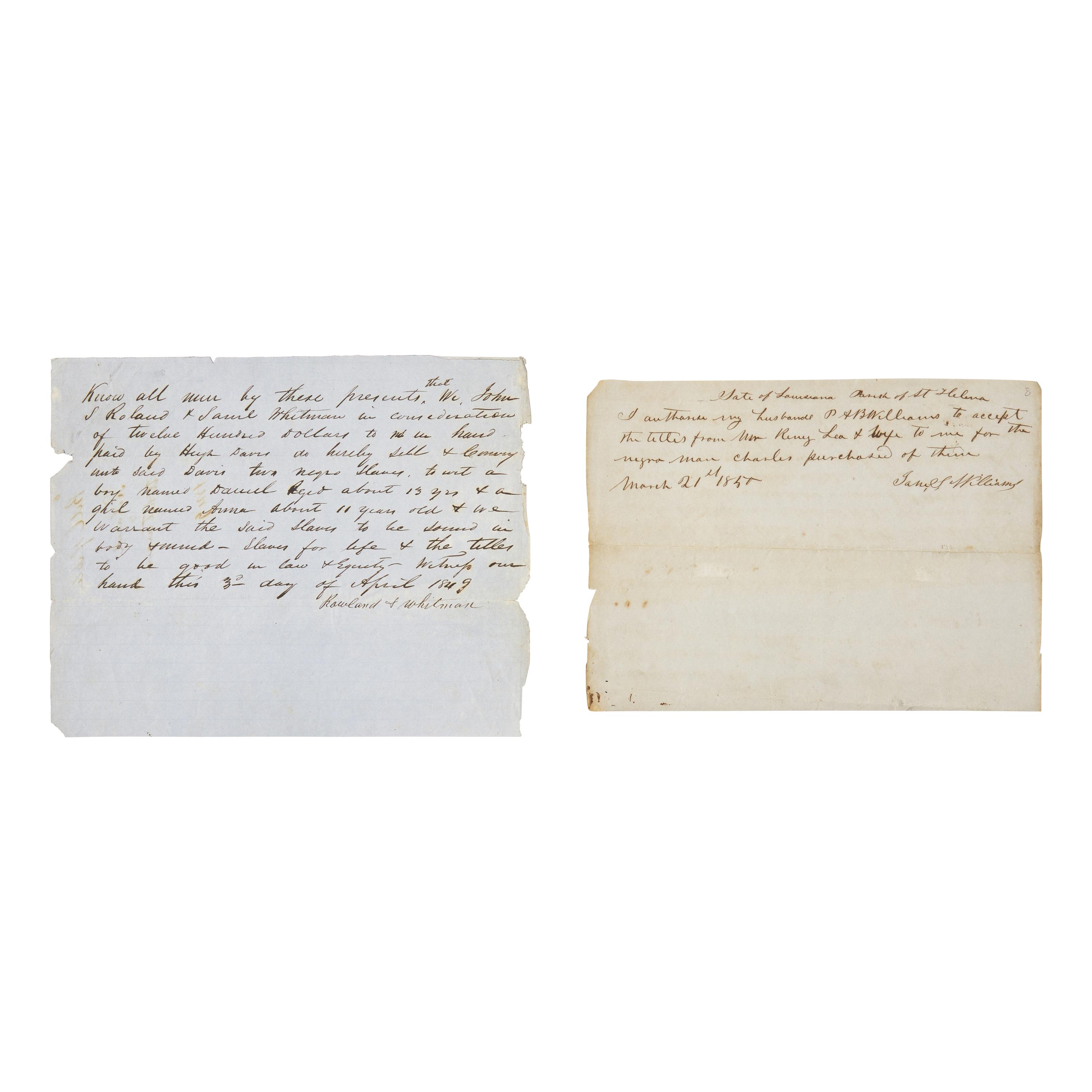 [African Americana] [Enslavement] Two Documents Relating to the Sale of Slaves