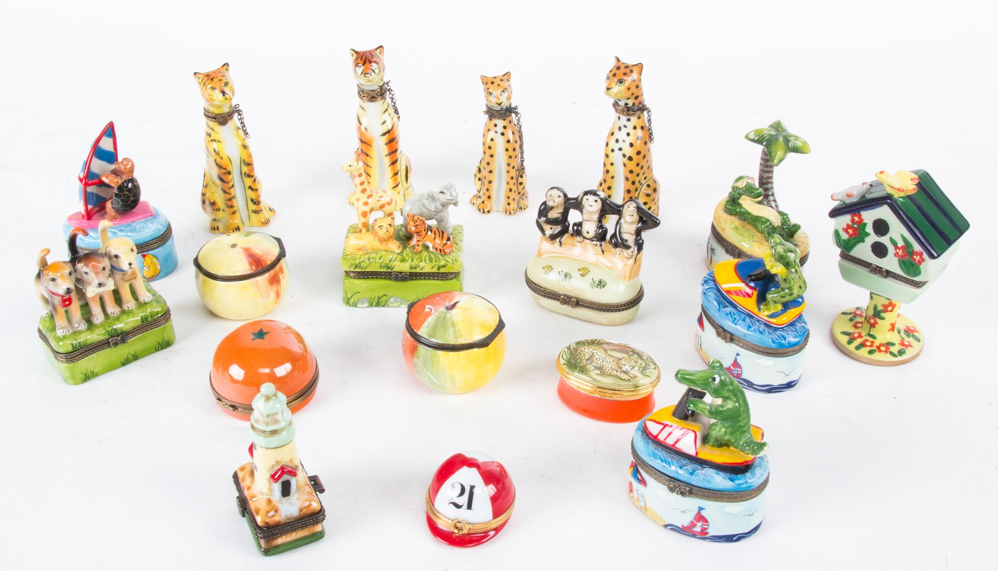 A Collection of Eighteen Miscellaneous Miniature Porcelain Boxes Height of largest 4 1/4 inches.