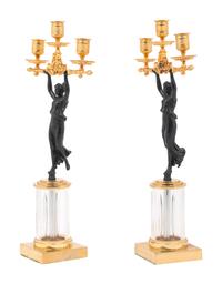 A Pair of Continental Gilt and Patinated Bronze and Cut Glass Three-Light Candelabra