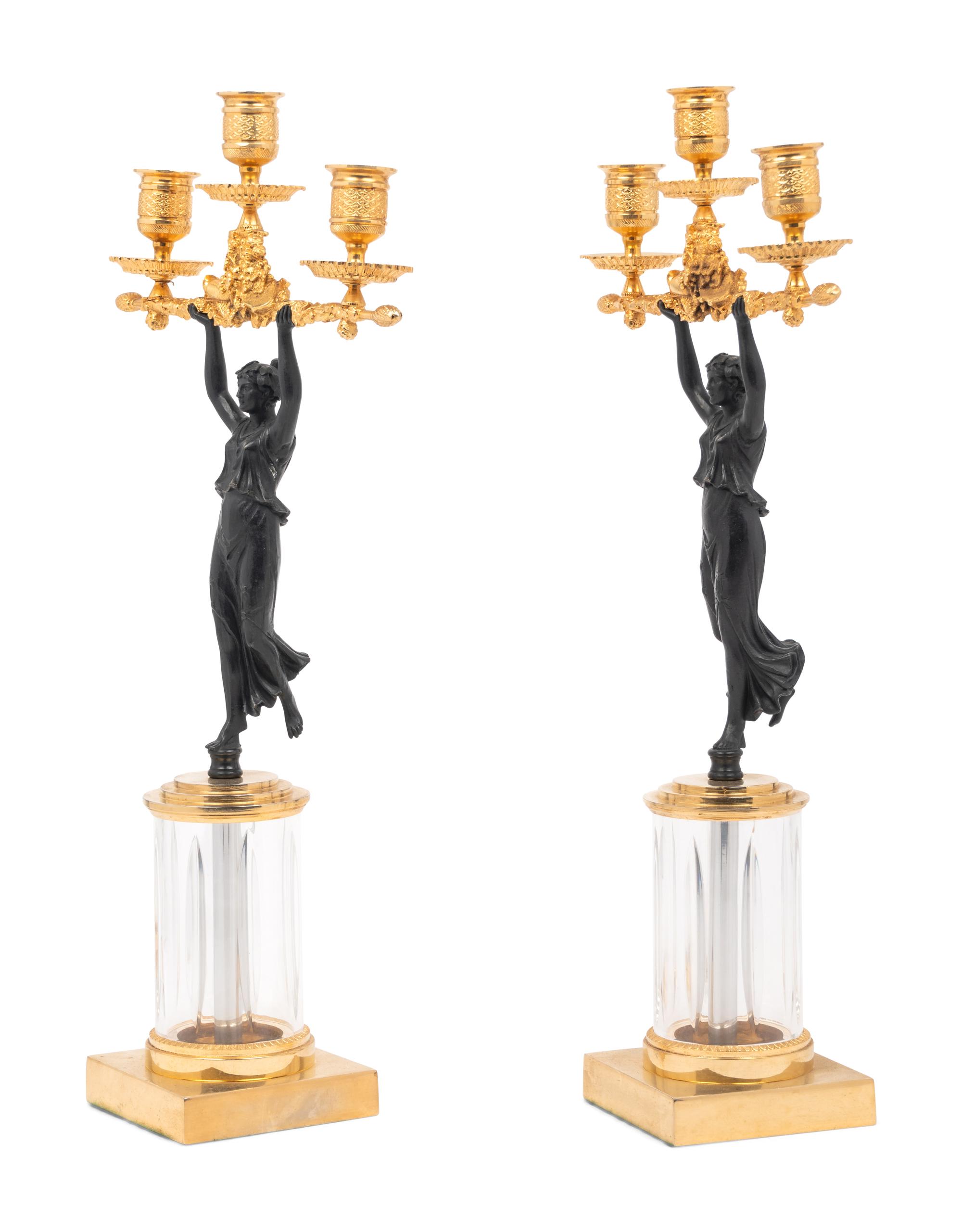A Pair of Continental Gilt and Patinated Bronze and Cut Glass Three-Light Candelabra