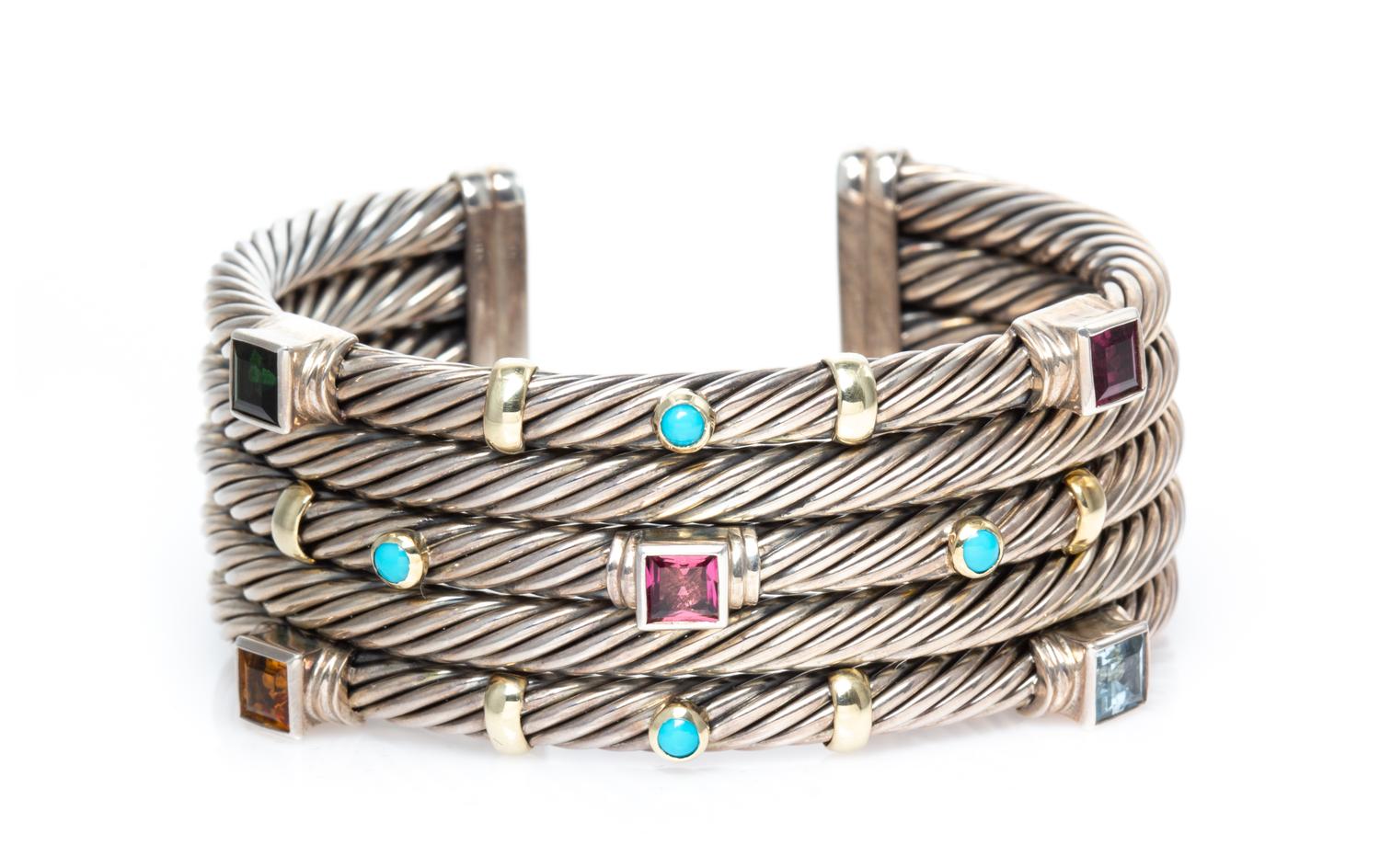 DAVID YURMAN, STERLING SILVER, YELLOW GOLD AND GEMSTONE 'CONFETTI' CUFF BRACELET