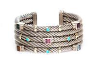 DAVID YURMAN, STERLING SILVER, YELLOW GOLD AND GEMSTONE 'CONFETTI' CUFF BRACELET