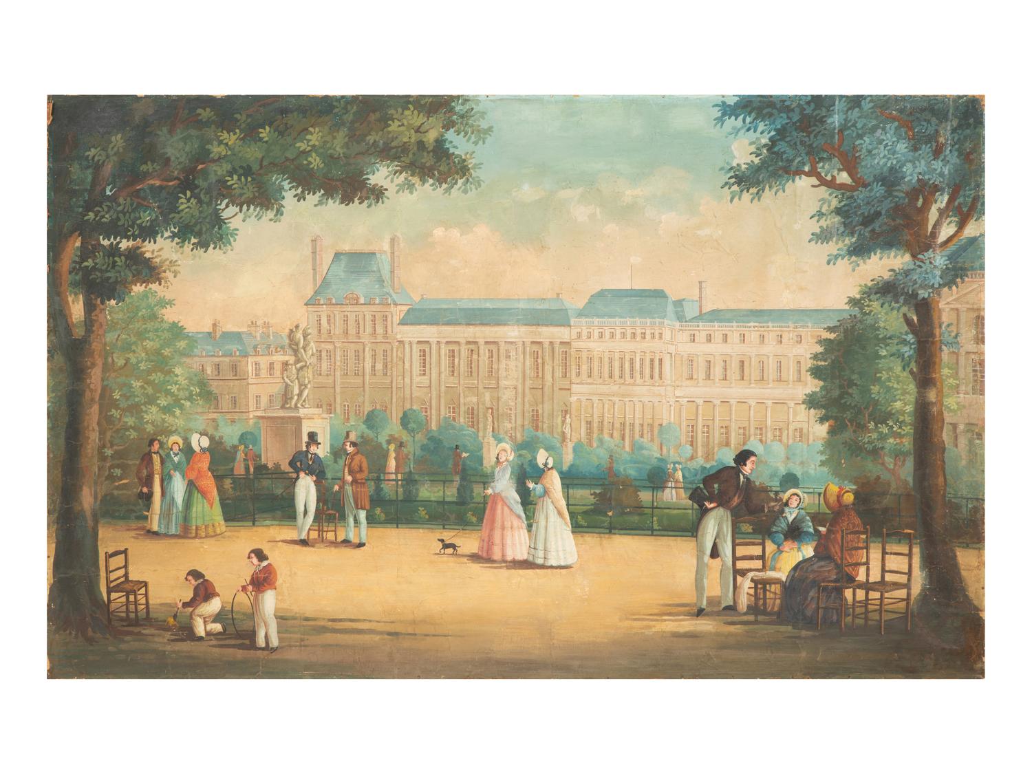 A French Painted Wallpaper Panel Depicting Scene with Architecture and Figures