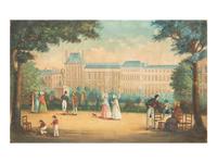 A French Painted Wallpaper Panel Depicting Scene with Architecture and Figures