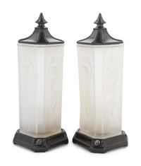 A Pair of Frosted Glass and Painted Metal Lamps