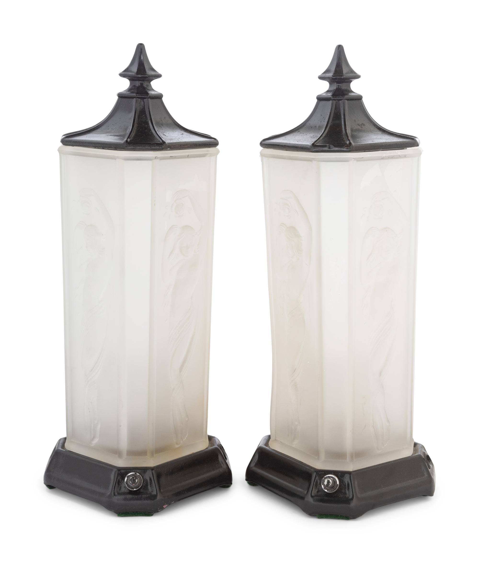 A Pair of Frosted Glass and Painted Metal Lamps