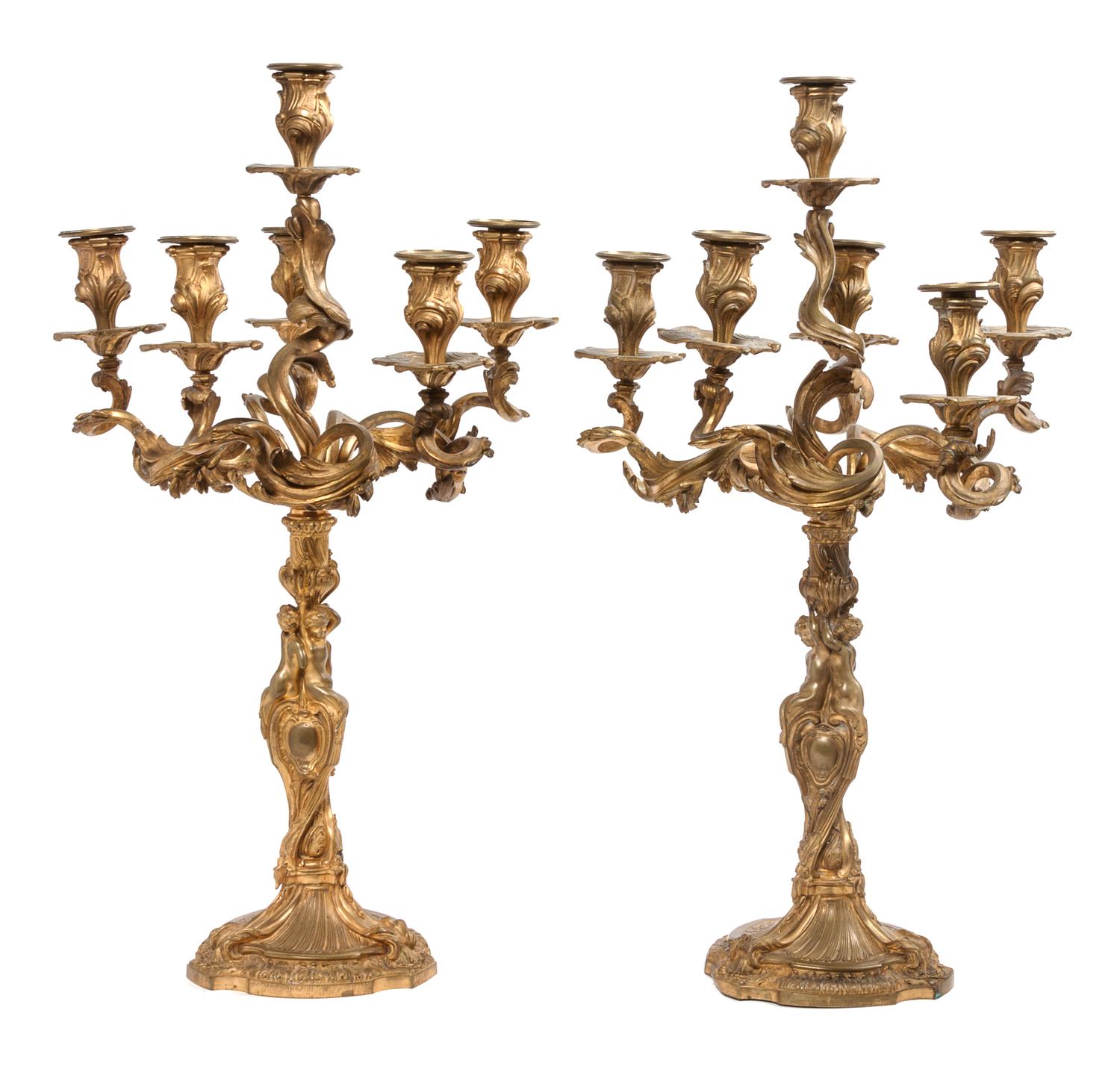 A Pair of Louis XV Style Gilt Bronze Six-Light Candelabra Height 25 1/2 inches.