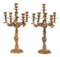 A Pair of Louis XV Style Gilt Bronze Six-Light Candelabra Height 25 1/2 inches.