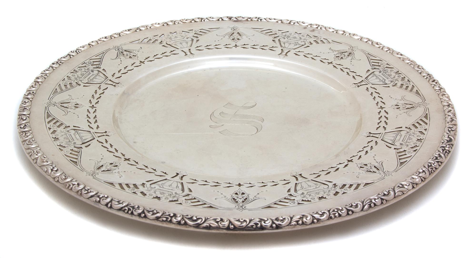An American Silver Serving Plate, 20th Century, having pierced border and etched decoration, monogrammed